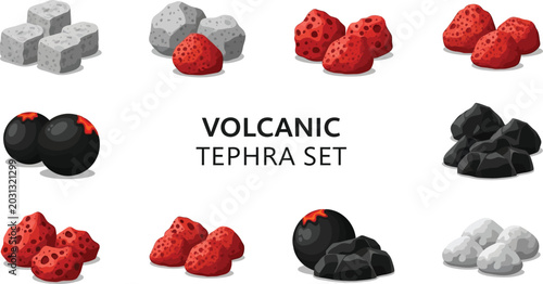 Fotografie A grid of twelve distinct illustrations depicting various types of volcanic rock