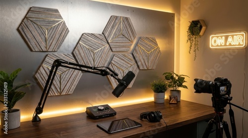 Modern Acoustic Diffuser Panels and Recording Studio Setup with Microphone and Headphones