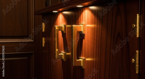 Luxurious polished brass cabinet handles with warm ambient lighting creating a sophisticated interior design accent