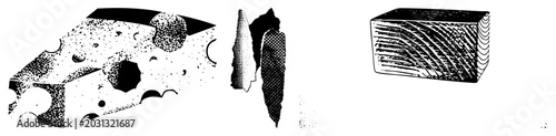 Collection of textured cheese wedges featuring classic holes. These dairy blocks, or sometimes called gouda chunks and cheese slices, display a gritty halftone stippling effect.