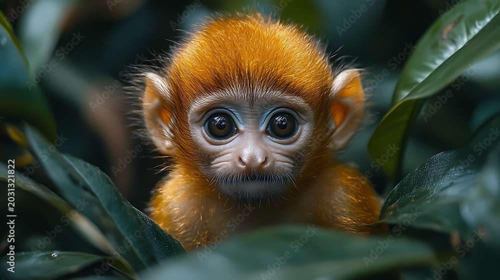 Fototapeta premium Baby monkey portrait amidst lush foliage