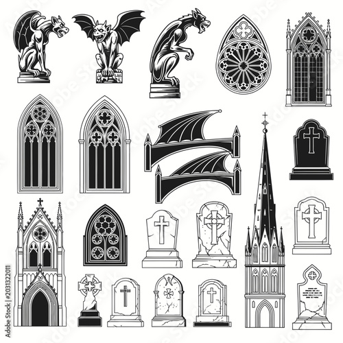 Gothic Architecture Elements: Gargoyles, Windows, Tombs, Church Spire