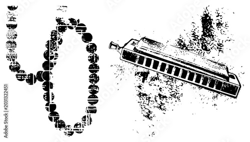 Edgy stencil style featuring a musical mouth organ alongside textured typographic shapes. This weathered blues harp and gritty letterform set evokes a raw, vintage aesthetic.
