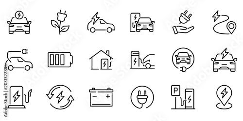 Foto Electric Car Line Icon Set, Eco Transport Charging Vector Transparent Background