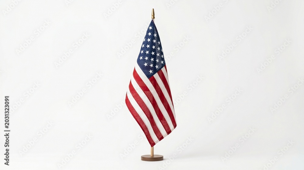 Fototapeta premium American flag on a stand, a symbol of patriotism and freedom, displayed against a clean white background for national pride