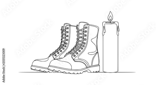 Fotografie Tactical Boots and Burning Candle Line Art - Symbol of Remembrance and Vigil