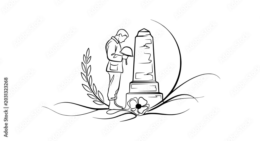 Φωτογραφία Soldier Memorializing War Monument with Poppy and Laurel Wreath - Line Art