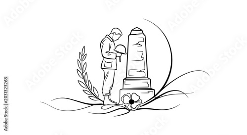 Photos Soldier Memorializing War Monument with Poppy and Laurel Wreath - Line Art