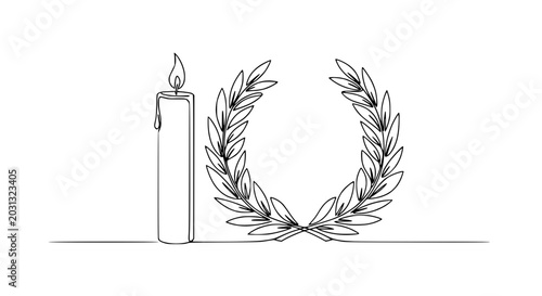 Photos Single Line Drawing: Candle and Laurel Wreath for Remembrance or Victory