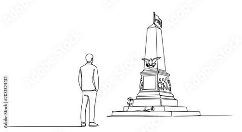Fotografi Man Standing Before Monument, Single Line Drawing, Symbol of Remembrance and Pat