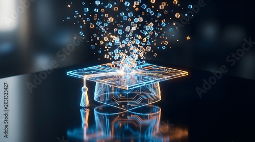 Graduation cap on a table with glowing digital particles and bokeh