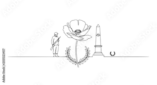 Cuadro en lienzo Remembrance Day Soldier, Poppy, Monument, Laurel Wreath - Minimalist Line Art
