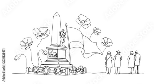 Canvas Print Remembrance Day Monument with Poppies, Flag, and Mourners Sketch