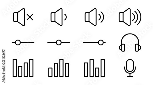 Cuadro en lienzo Audio and Sound Volume Control Icon Set with Speaker Mute, Slider Adjustments, H