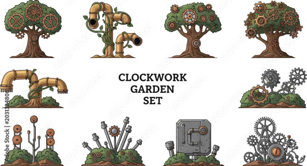 Fototapeta premium A digital collection of twelve steampunkinspired illustrations featuring mechanical plants trees and metallic garden structures