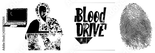 Dark stencil style depiction of a hooded hacker or ghost in the machine working on a laptop. This blood drive graphic features a textured fingerprint and bold typography.