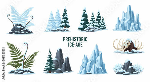 Quadro su tela Collection of prehistoric ice age landscape elements including snowcovered conif