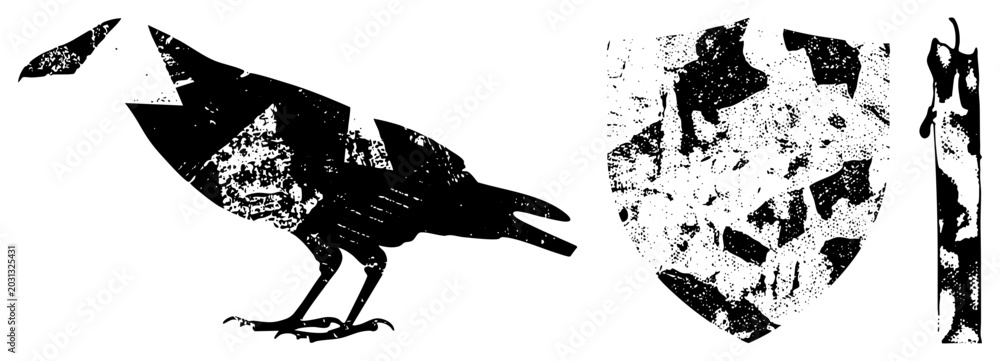 Obraz premium This edgy black crow, or dark scavenger, features a heavy grunge texture. The feathered corvid, also known as a carrion bird, a weathered stencil aesthetic with fragmented shapes.