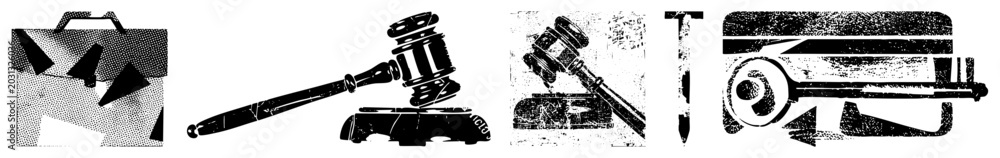 Obraz premium This collection features a weathered gavel, a heavy briefcase, and a skeletal key rendered in a distressed halftone style. These law tools and courtroom gear display a vintage stencil aesthetic.