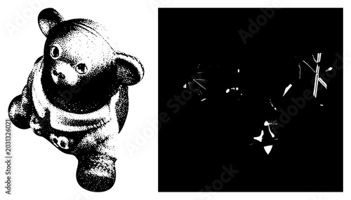 This textured teddy bear, also known as a softie or cuddly, features a detailed stippling effect. This little fluffball shows a retro aesthetic through high contrast dot.