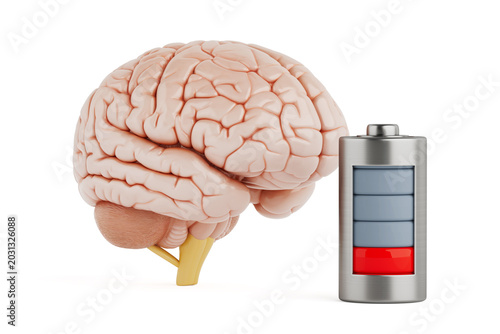 Mental Energy Depletion And Cognitive Fatigue Concept. Human Brain Beside Low Battery Indicator Showing Burnout, Stress, Focus Loss And Need For Recovery. 3d Rendering