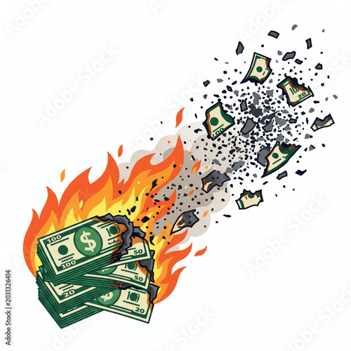 Money going up in flames A visual representation of financial loss, debt, and economic downturn, symbolizing wasted resources and financial ruin