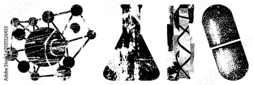 This gritty collection features a molecular model, a chemistry flask, a DNA helix, and a medicinal pill. These scientific, including a lab beaker and a capsule, show heavy texture.