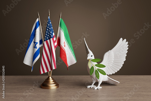International Peace Diplomacy And Middle East Negotiation Concept. Israeli, American And Iranian Flags Beside White Dove Holding Olive Branch On Wooden Table. 3d Rendering