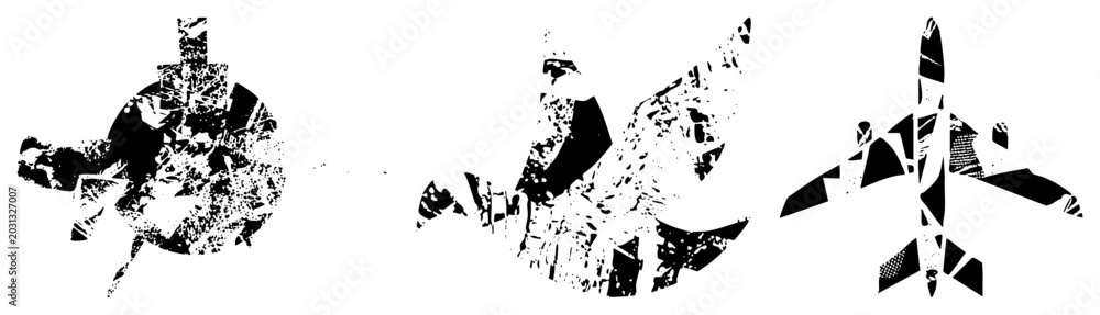 Obraz premium Gritty stencil art collection displaying a flying pigeon, a soaring jet, and a stylized bird shape. These rough ink splatters and charcoal style graphics offer a raw, textured aesthetic.