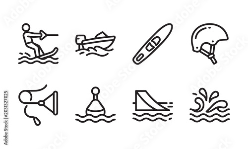 A collection of outline icons representing various water skiing activities and equipment items