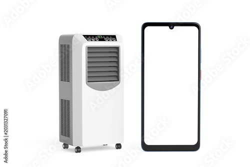 Smart Cooling App And Climate Control Concept. Portable Air Conditioner With Blank Smartphone Screen. 3d Rendering