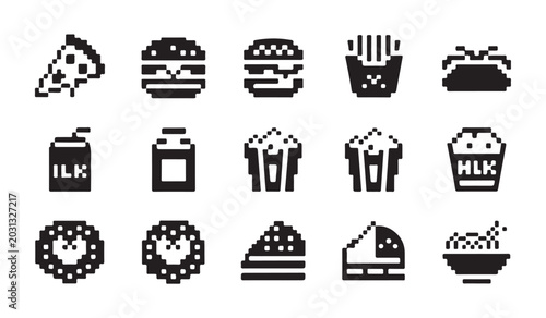 Fotografia Pixel art fast food icons set containing burger pizza hot dog popcorn and various meal items