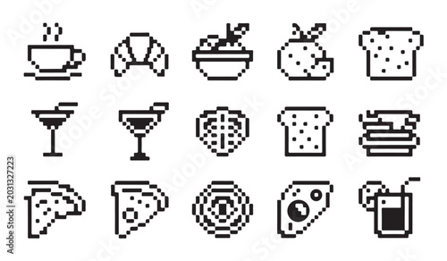Foto Snack and dessert pixel art set with food and drink isolated on transparent background