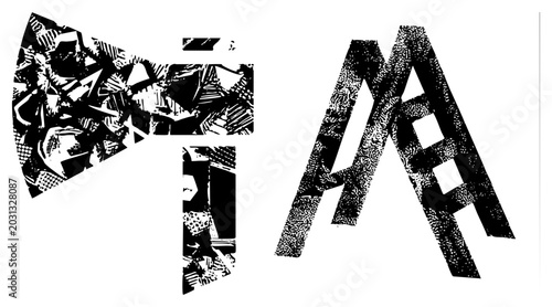 This gritty collection features a heavy hatchet and a folding stepladder. Both the woodsman tool and the ladder showcase a textured, stencil style collage of fragmented shapes.