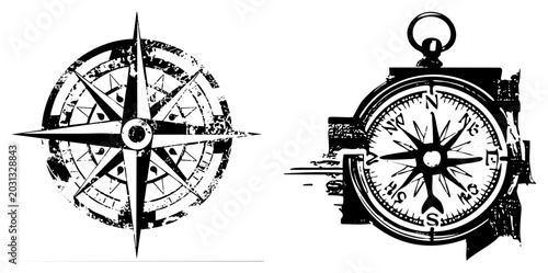 Rugged wind rose and mariners lodestone presented in a gritty stencil style. This weathered nautical tool features a distressed compass dial for maritime navigation and sea exploration.