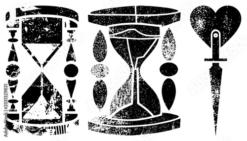 Distressed grit textures define these timekeepers, including a classic sandglass and a sharp heart blade. This set features a romantic dagger and two different sand timers.