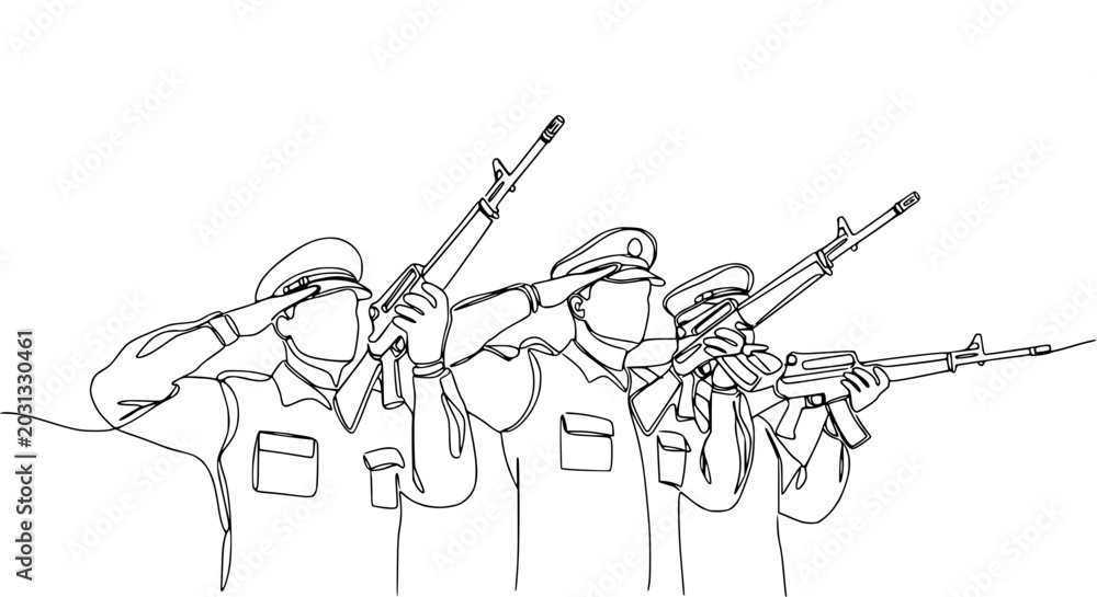 Naklejka premium Military Salute, Soldiers with Rifles, Continuous Line Drawing, Respectful Gesture