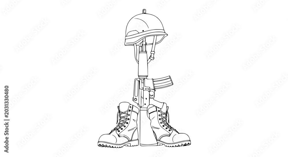 Fototapeta premium Fallen Soldier Memorial: Helmet, Rifle, and Boots Icon