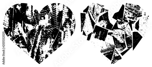 Two stylized love symbols featuring a broken valentine aesthetic. This gritty lovelorn shape and fractured soul display heavy ink splatter and distressed textures.