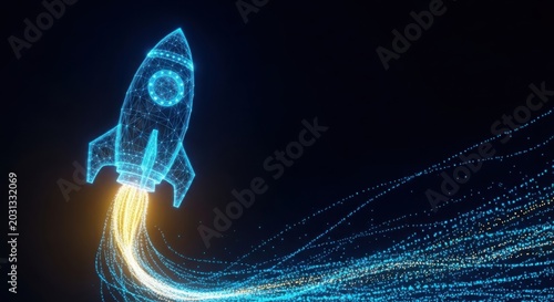 A blue rocket ship blasting off into the sky illustration