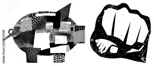 Edgy collage featuring a piggy bank and a clenched fist. This gritty composition uses a piggy, a porker, and a power fist in a high contrast halftone stencil style.