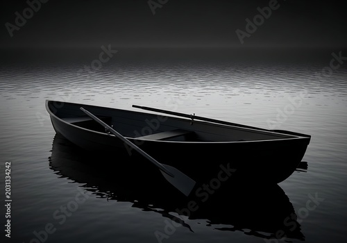 Rowboat floating on calm water monochrome photography