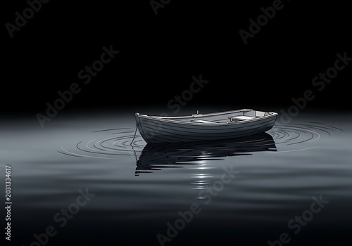 Rowboat floating on calm water surface with ripples against black background