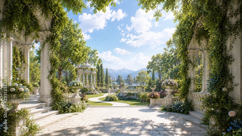 Fototapeta premium Elegant Classical Garden Courtyard With Flowers Greenery And Mountain View Background