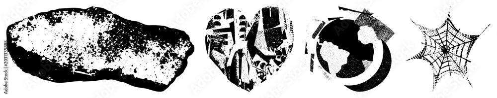 Obraz premium This gritty ink blot collection features a rough stone slab, textured heart, globe fragment, and spider motif. These heavy stipple pieces offer a raw, aesthetic for edgy designs.