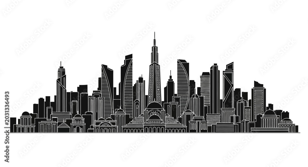 Obraz premium Black and white cityscape silhouette with modern skyscrapers