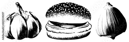 This stippled collection features a juicy burger, a single garlic clove, and a whole bulb of garlic or stinking rose. Detailed dotwork textures define these food elements.