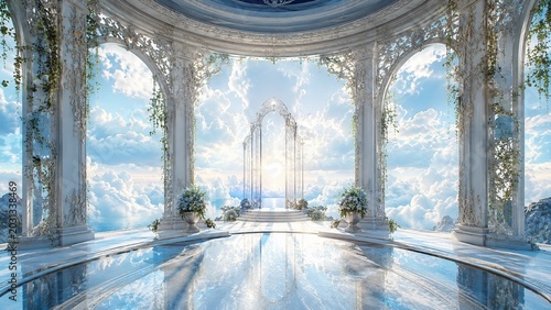 White Marble Fantasy Palace Above Clouds With Reflective Floor And Sunlight