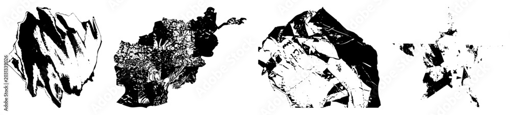 Fototapeta premium This collection of gritty ink blots and messy splatter shapes features rough textures. These raw art fragments and dark blotches create a striking visual impact for edgy design projects.