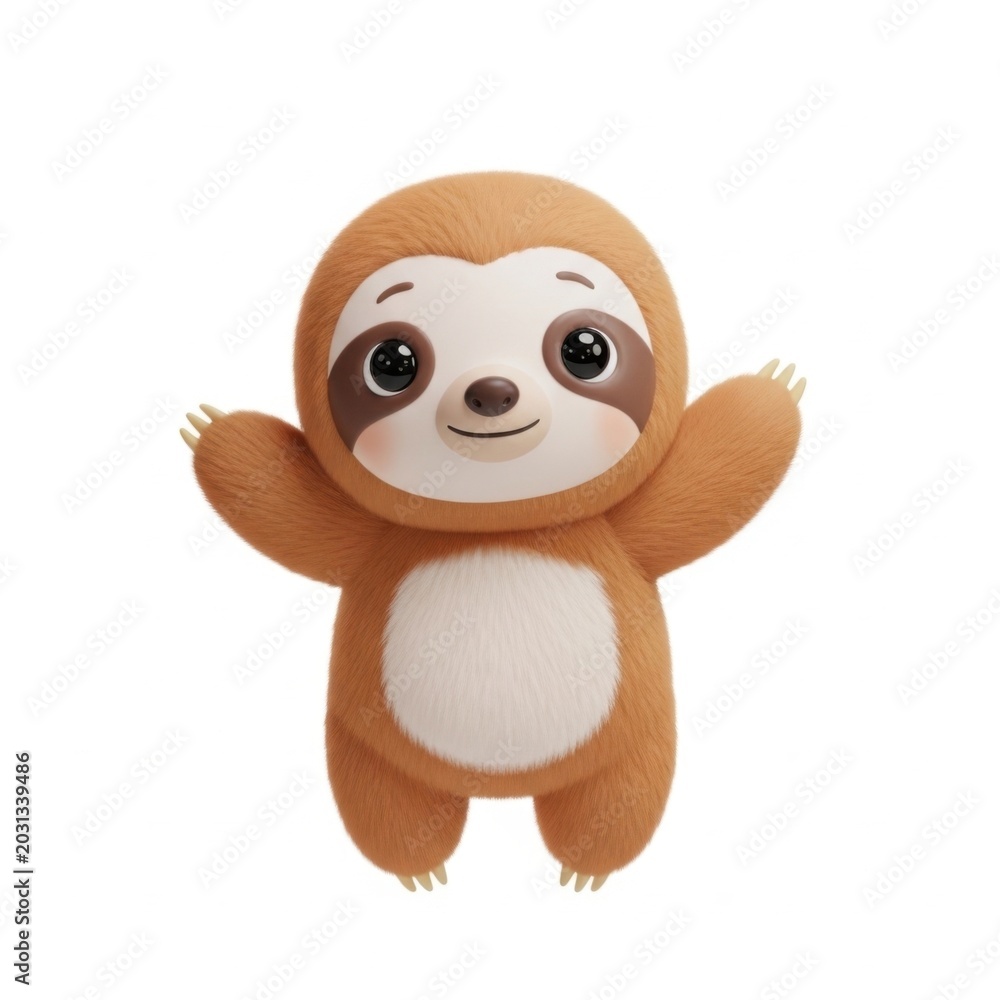 Obraz premium Cute 3D Sloth Character with Open Arms and Happy Expression Isolated on White Background